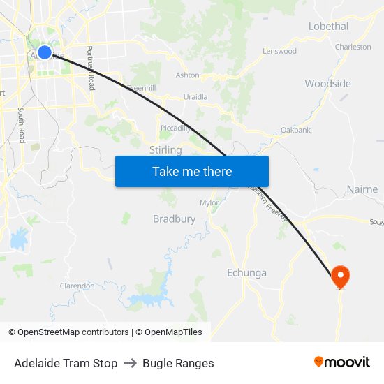 Adelaide Tram Stop to Bugle Ranges map