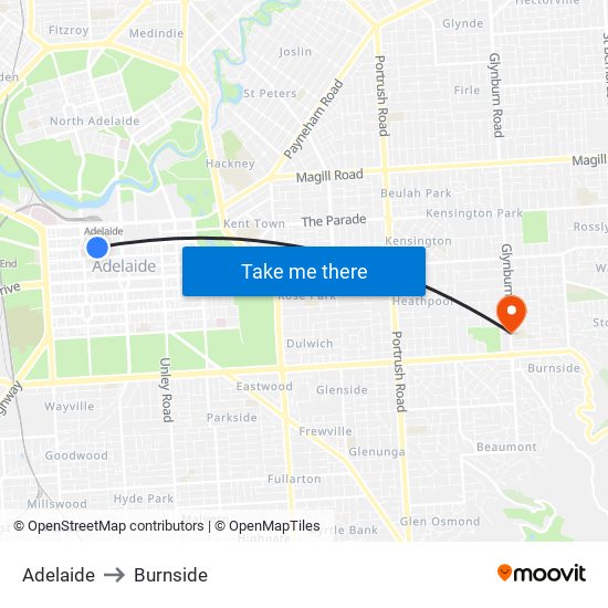 Adelaide to Burnside map