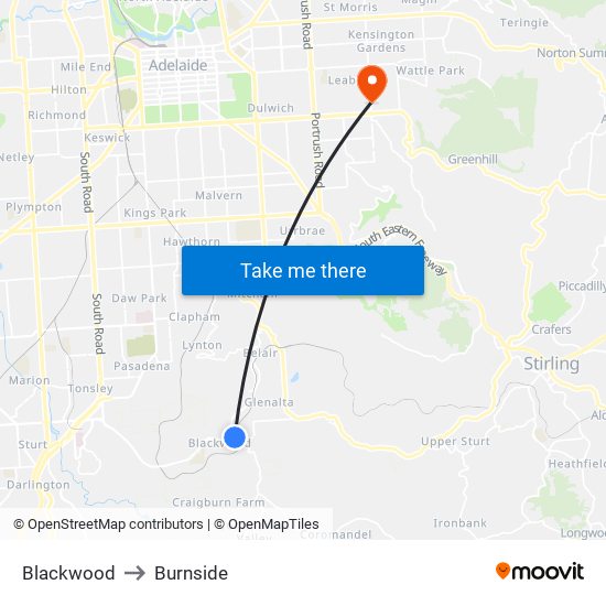 Blackwood to Burnside map