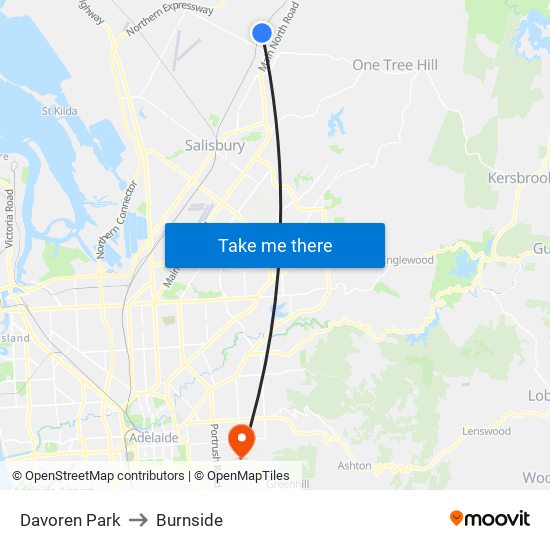 Davoren Park to Burnside map