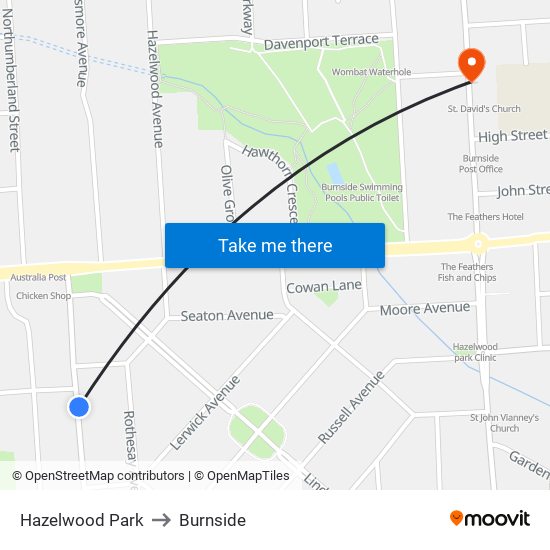 Hazelwood Park to Burnside map