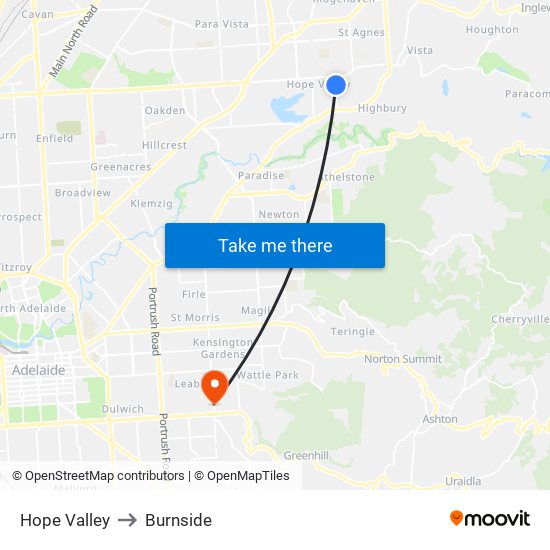 Hope Valley to Burnside map