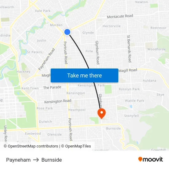 Payneham to Burnside map