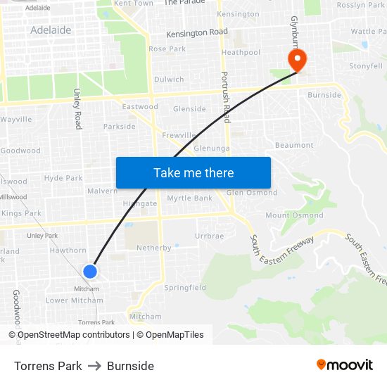 Torrens Park to Burnside map