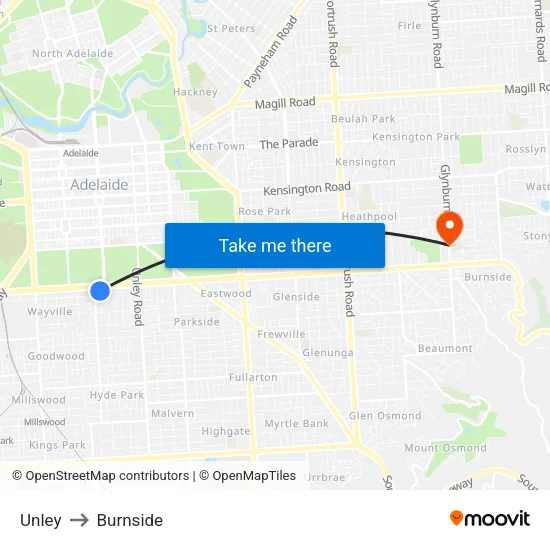 Unley to Burnside map