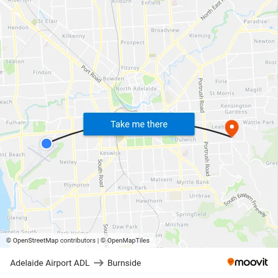 Adelaide Airport ADL to Burnside map