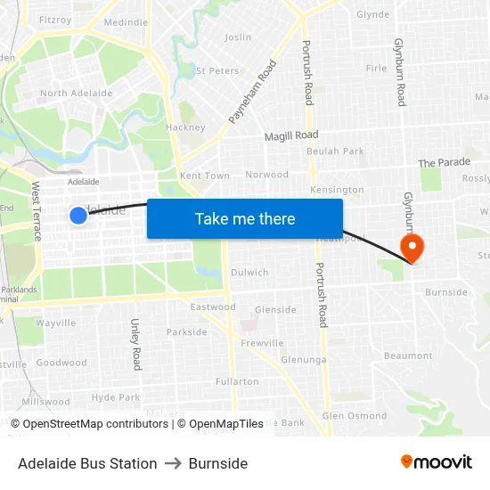 Adelaide Bus Station to Burnside map
