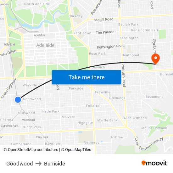 Goodwood to Burnside map