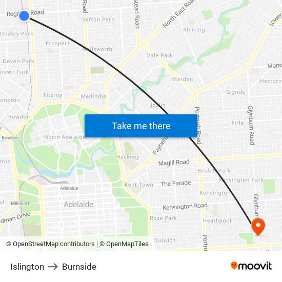 Islington to Burnside map