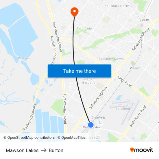 Mawson Lakes to Burton map