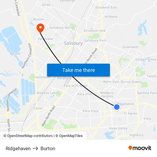 Ridgehaven to Burton map