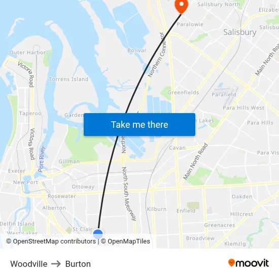 Woodville to Burton map