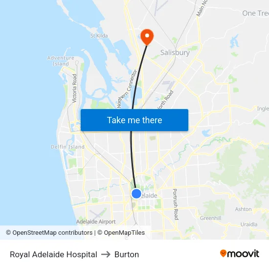 Royal Adelaide Hospital to Burton map