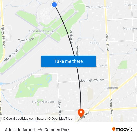 Adelaide Airport to Camden Park map