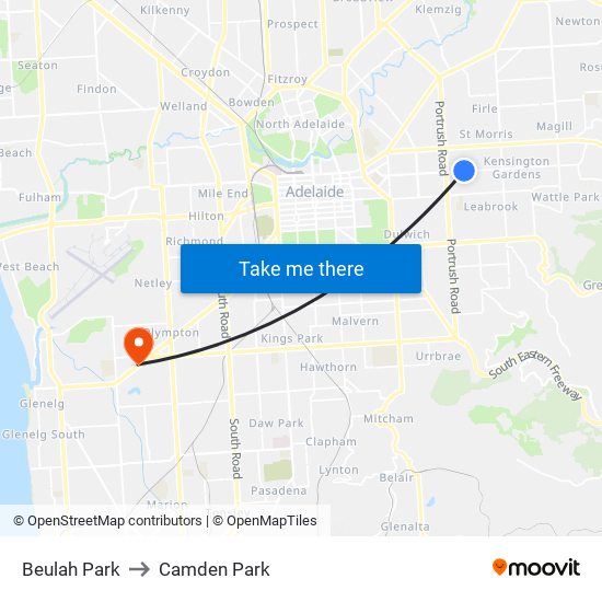 Beulah Park to Camden Park map