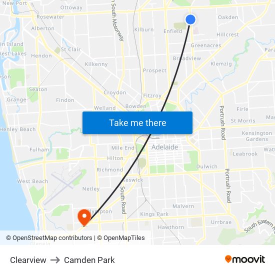 Clearview to Camden Park map