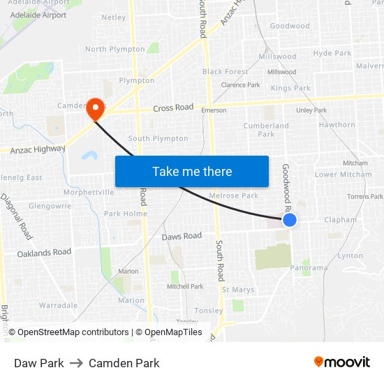 Daw Park to Camden Park map