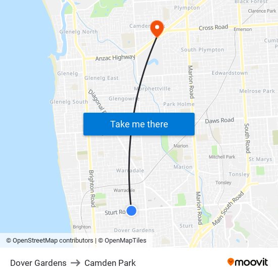 Dover Gardens to Camden Park map