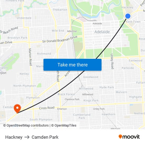 Hackney to Camden Park map