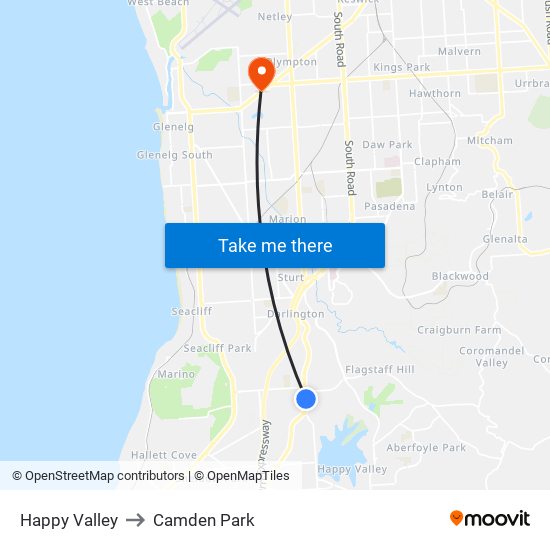 Happy Valley to Camden Park map