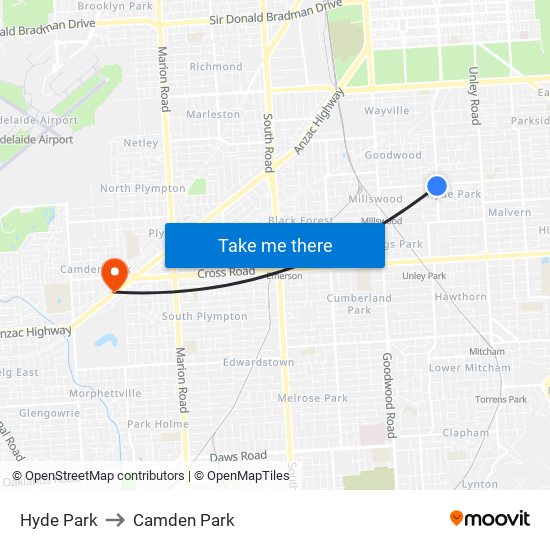 Hyde Park to Camden Park map