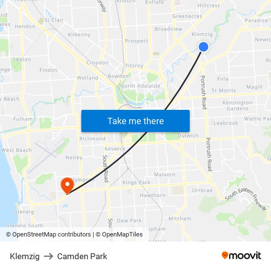 Klemzig to Camden Park map