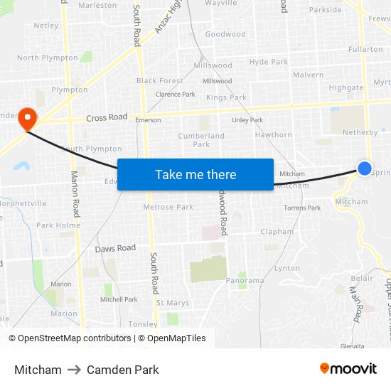 Mitcham to Camden Park map