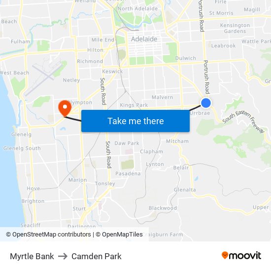 Myrtle Bank to Camden Park map