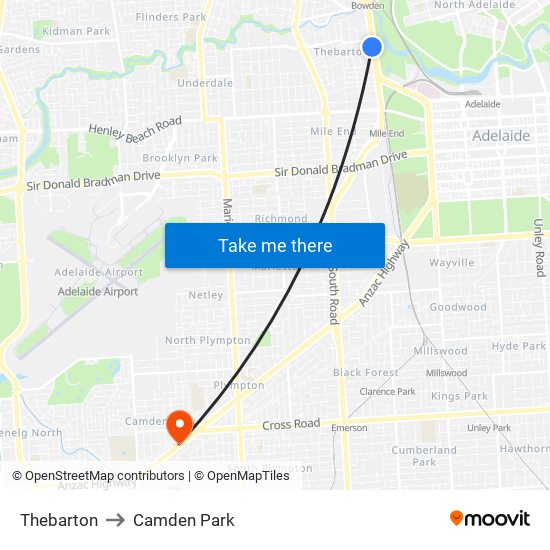 Thebarton to Camden Park map