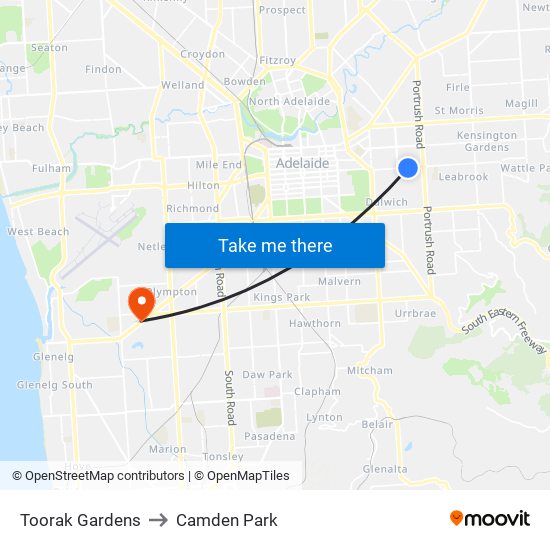 Toorak Gardens to Camden Park map