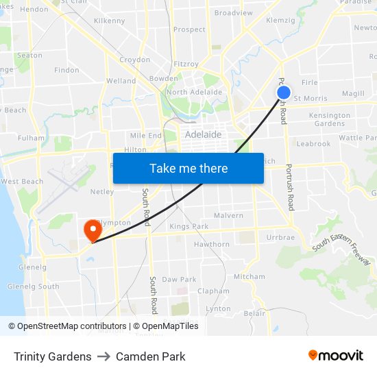 Trinity Gardens to Camden Park map