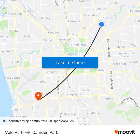 Vale Park to Camden Park map