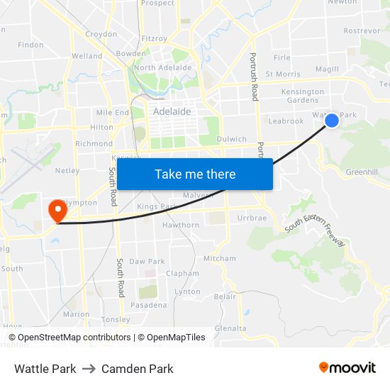 Wattle Park to Camden Park map