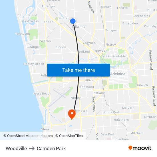 Woodville to Camden Park map