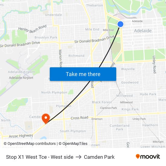 Stop X1 West Tce - West side to Camden Park map