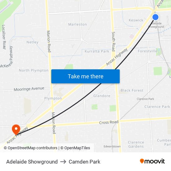 Adelaide Showground to Camden Park map