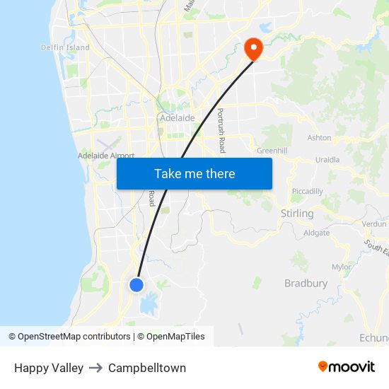 Happy Valley to Campbelltown map