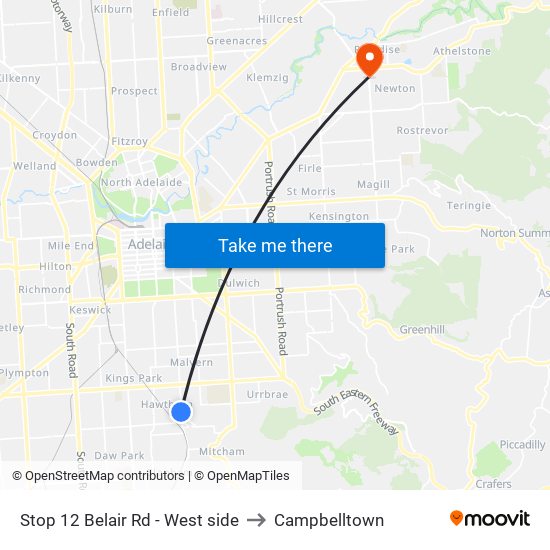 Stop 12 Belair Rd - West side to Campbelltown map