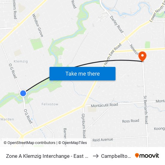 Zone A Klemzig Interchange - East side to Campbelltown map