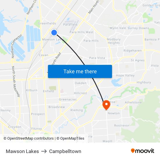 Mawson Lakes to Campbelltown map