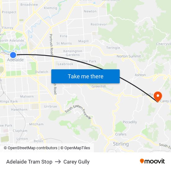 Adelaide Tram Stop to Carey Gully map