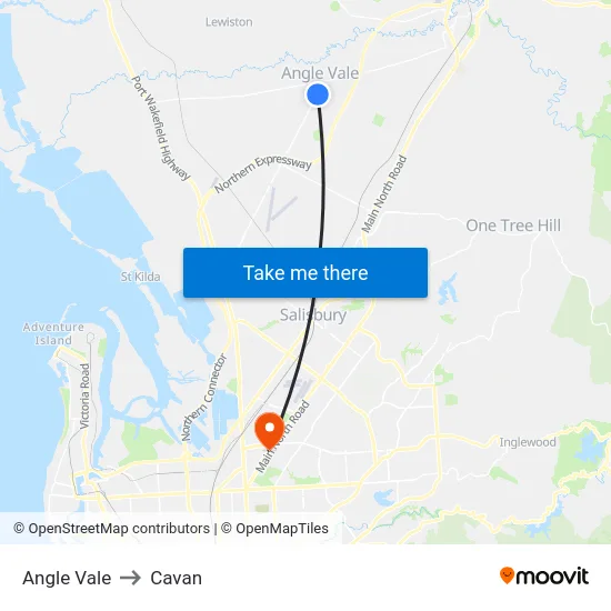 Angle Vale to Cavan map