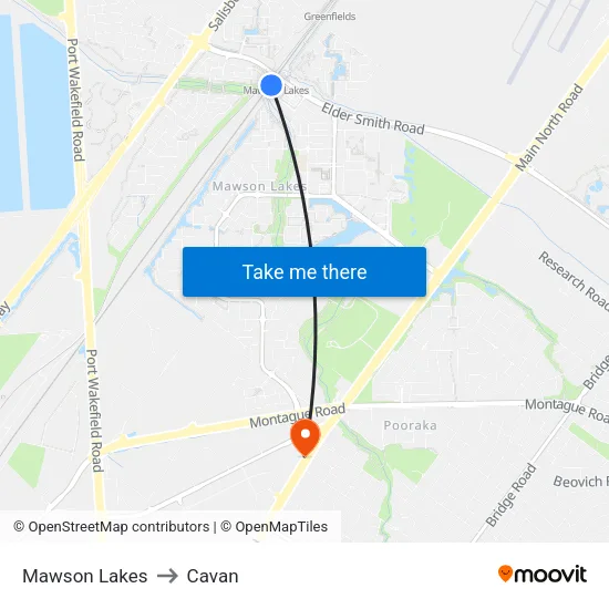 Mawson Lakes to Cavan map