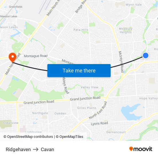 Ridgehaven to Cavan map