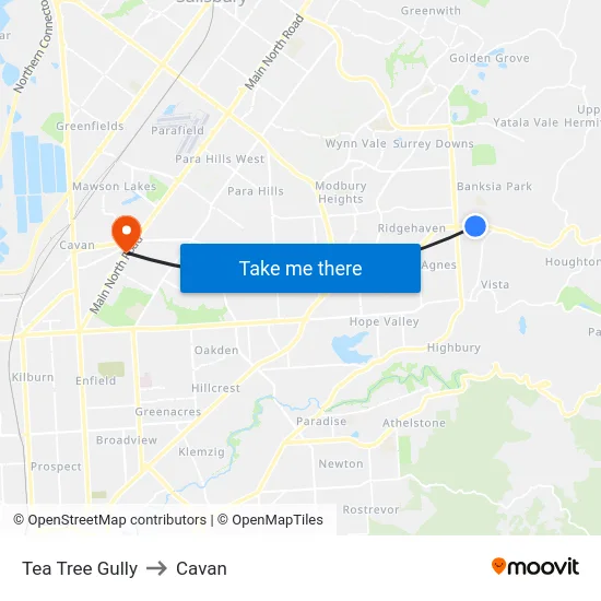 Tea Tree Gully to Cavan map