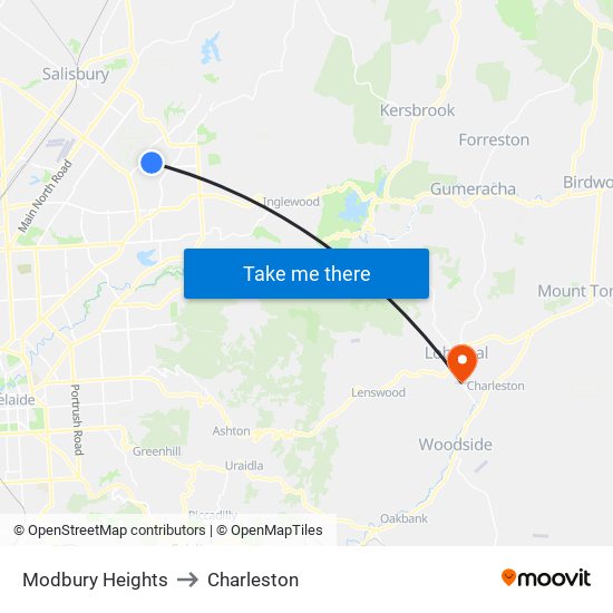 Modbury Heights to Charleston map