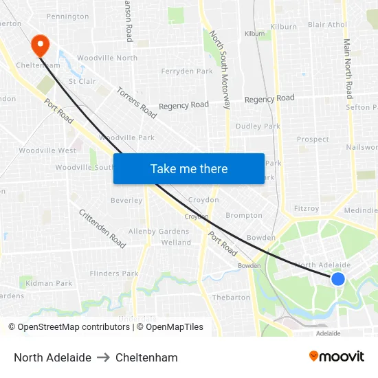 North Adelaide to Cheltenham map