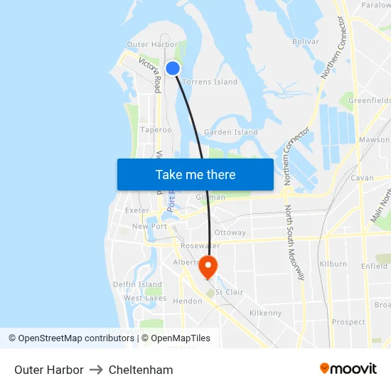 Outer Harbor to Cheltenham map