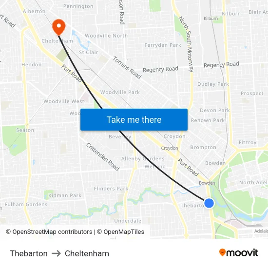 Thebarton to Cheltenham map