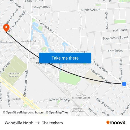 Woodville North to Cheltenham map